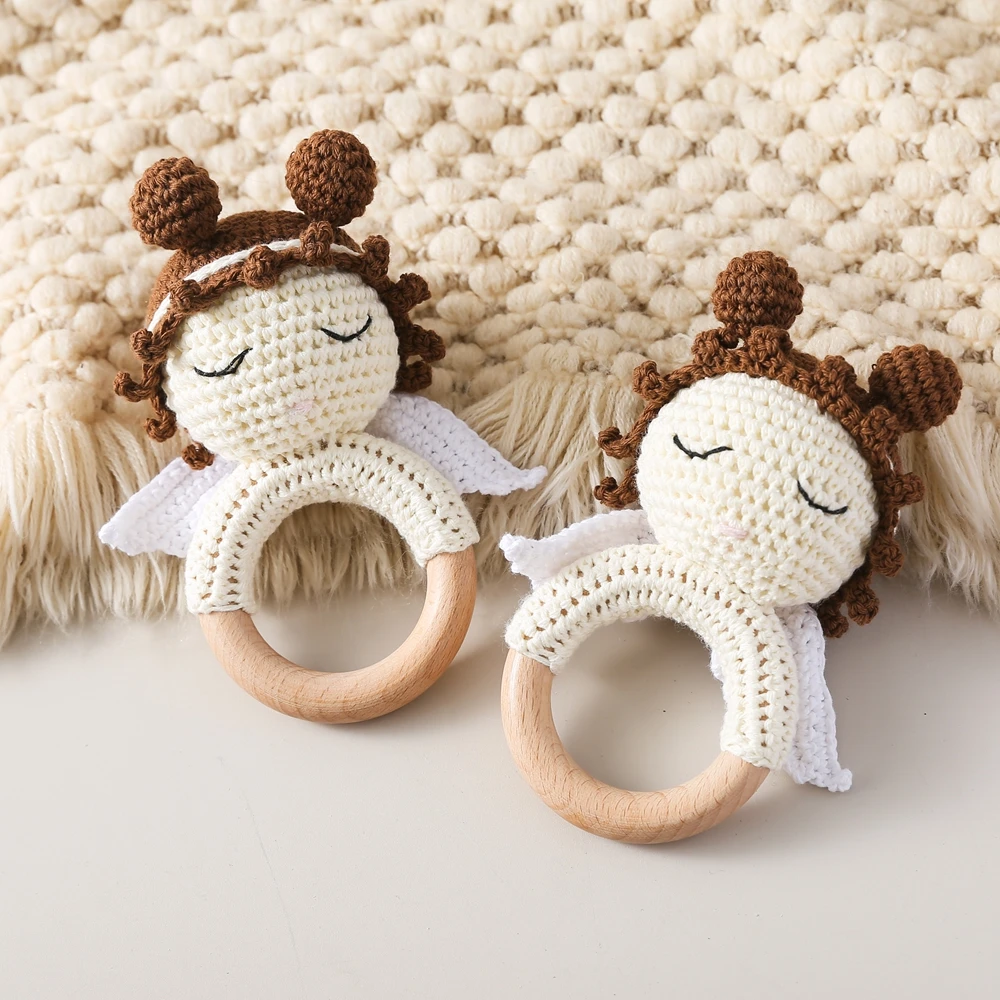 1PC Crochet Animal Bear Rattle Toys Soother Music Hand Bell Wooden Teether Ring Baby Rattle Mobile Pram Angel Crib Wooden Toys