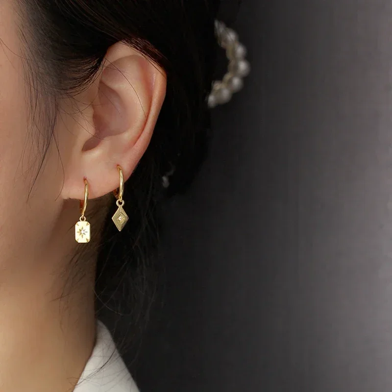 925 Sterling Silver Needle Square Round Zircon 18k Gold Plated Pendant Earrings For Women  Hoop Earrings Fashion Retro Jewelry
