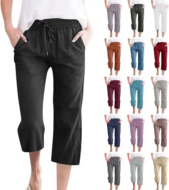 

ABOUTYES Capris Pants for Women 2024 Summer Casual Stretch Cotton Linen Capri Pant Drawstring Cropped High Waisted Trousers