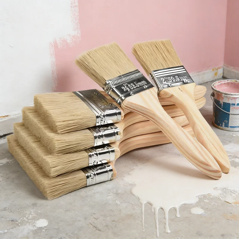 5pcs Paint Brush Wooden Handle BBQ Brush 1/2/3 Inch Pig Mane Painting Brushes for Wall and Furniture Paint Tool Set