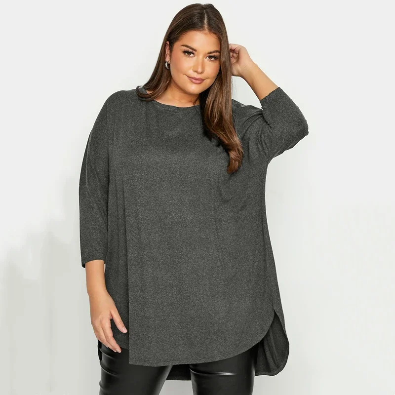 Plus Size Spring Autumn Elegant Hi Low Tunic 3/4 Batwing Sleeve Long Loose Blouse Dark Grey Pleat Back Large Size Casual Top 6XL