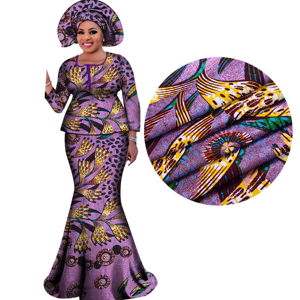 Gild Women African Outfits with Headscarf Bazin Riche African Print Blouse and Long Skirts Bronzing Women Suits Clothes WY3109