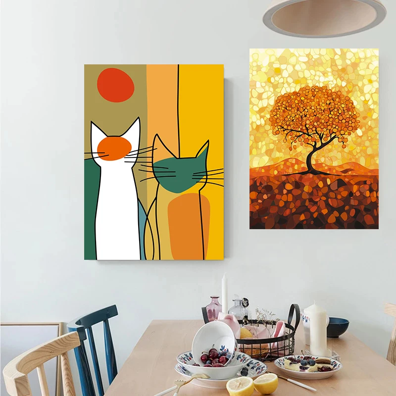 (1PC Unframe)Autumn Tree of Life Gold Jaguar Peacock Whale Owl Cat Elephant Whale Poster Canvas Painting Print for Living Room H