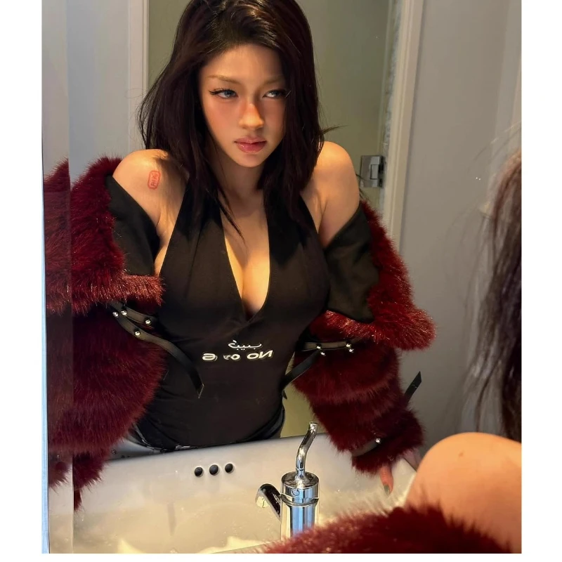 European American Sexy Hot Girl Red Fine Velvet Fur Collar Women's Coat Winter New Loose Short Long Sleeve Cardigan Coat ladies