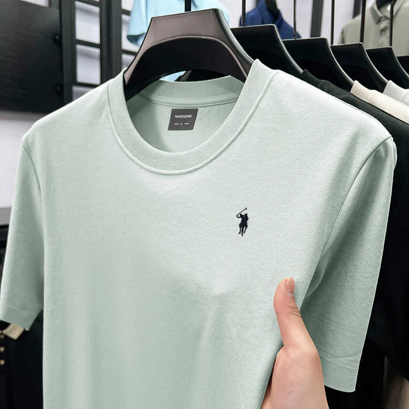 

Luxury brand short sleeveT-shirt men's trendy exquisite pony embroidery summer ice silk cotton breathable Paul round neck top