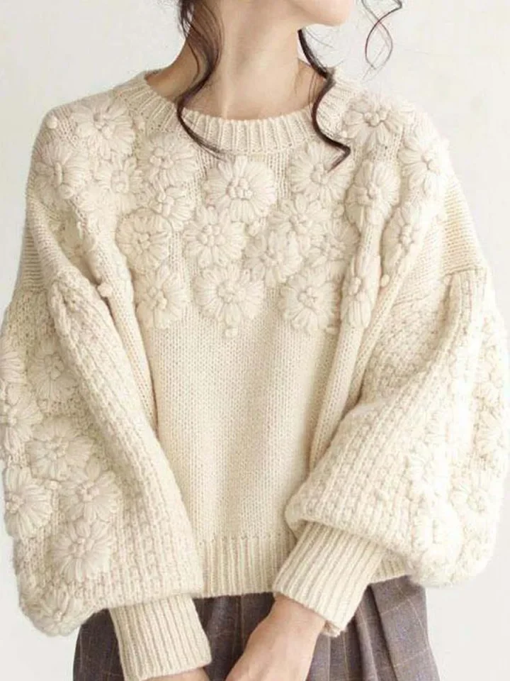 Women's Daisy Pullover Round Neck Loose Knit Sweater Autumn & Winter New 2025 Fenale Clothes Fashion Embroidery Thermal Warm Top