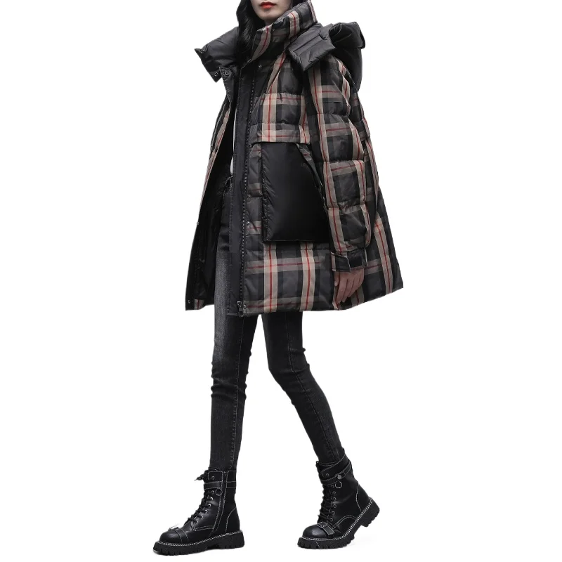 

Winter Clothing New Checkered Splicing Hoodie Loose and Slim Fashionable Medium To Long Down Jacket Women's Thick Coat Trendy