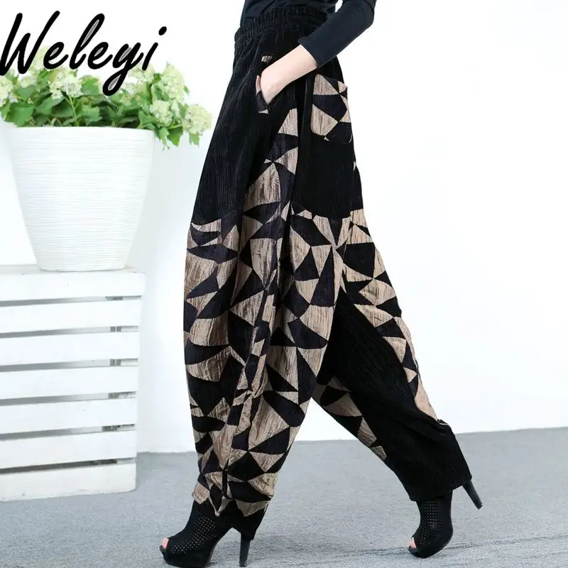 

Black and Gold Corduroy Thick Splicing Harlan Trousers Casual Autumn and Winter Versatile Women's Harlan Pants Loose Bloomers