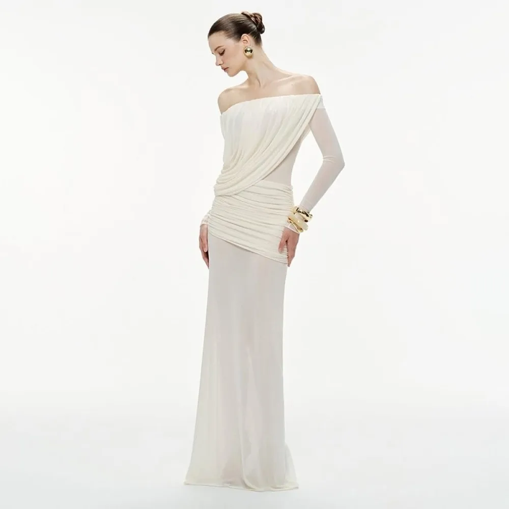 SylCue Ruched Elegant Long Dress Woman Slash Neck Backless Mesh Patchwork Full Sleeve Skinny Robe Midnight Prom Party Vestidos