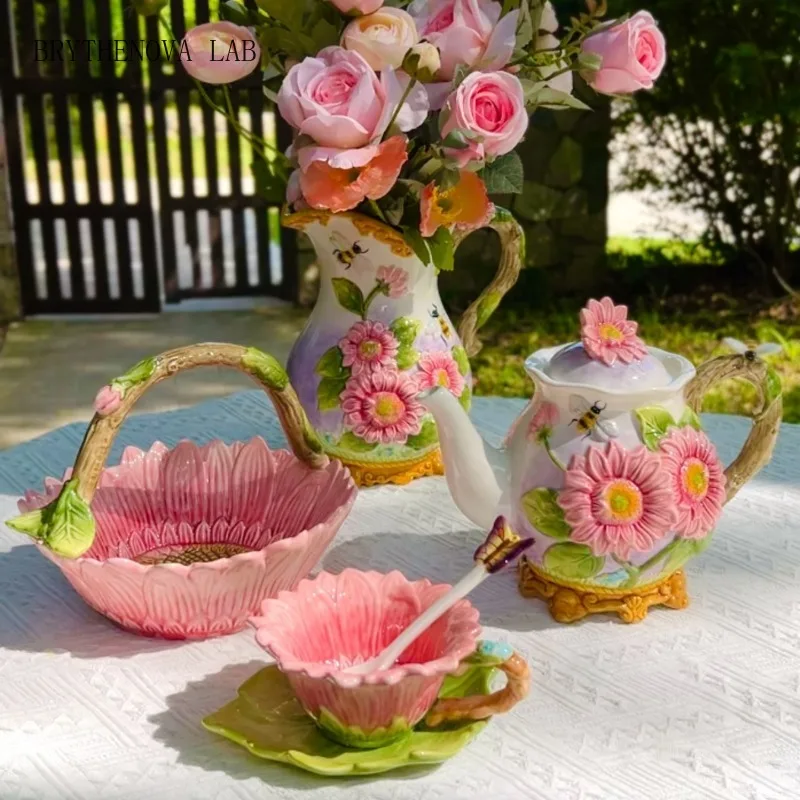 Ceramic Teapot Teacup Sunflower Ceramic Basket Dried Fruit Snack Afternoon Plate Tea Coffee Pot Coffee Cup Home Decoration