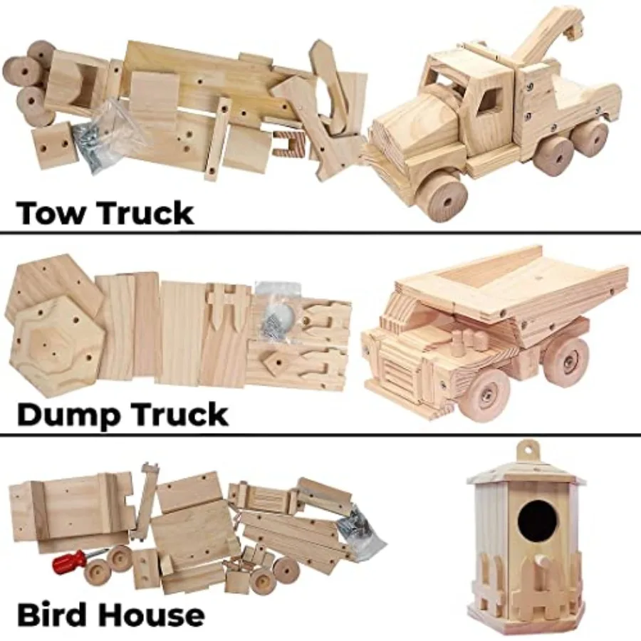 Woodworking Building Kit for and Adults, with 3 Educational DIY Carpentry Construction Wood Model Kit Toy Projects for Boys and