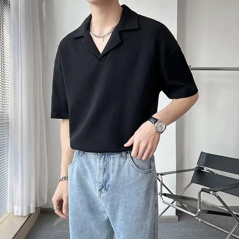 Summer Loose Fit Men's Polo Shirt Short Sleeve V-Neck T-Shirt Fashionable Casual Korean Style Comfortable Half Sleeve Top