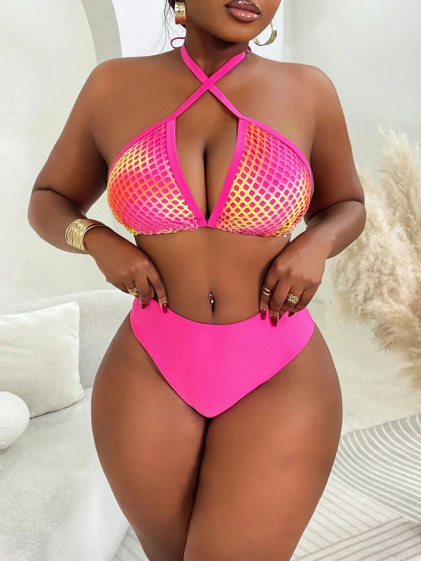 

Plus Size Sexy Mesh Halter Bikini Set With Cover Up Dress Summer Beach