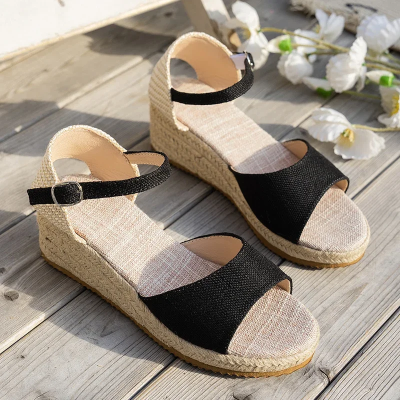 Women Shoes Buckle Strap Wedge Heel Sandal Women Summer Woven Thick Bottom Gladiator Sandalias Mujer Non Slip Platform Sandles