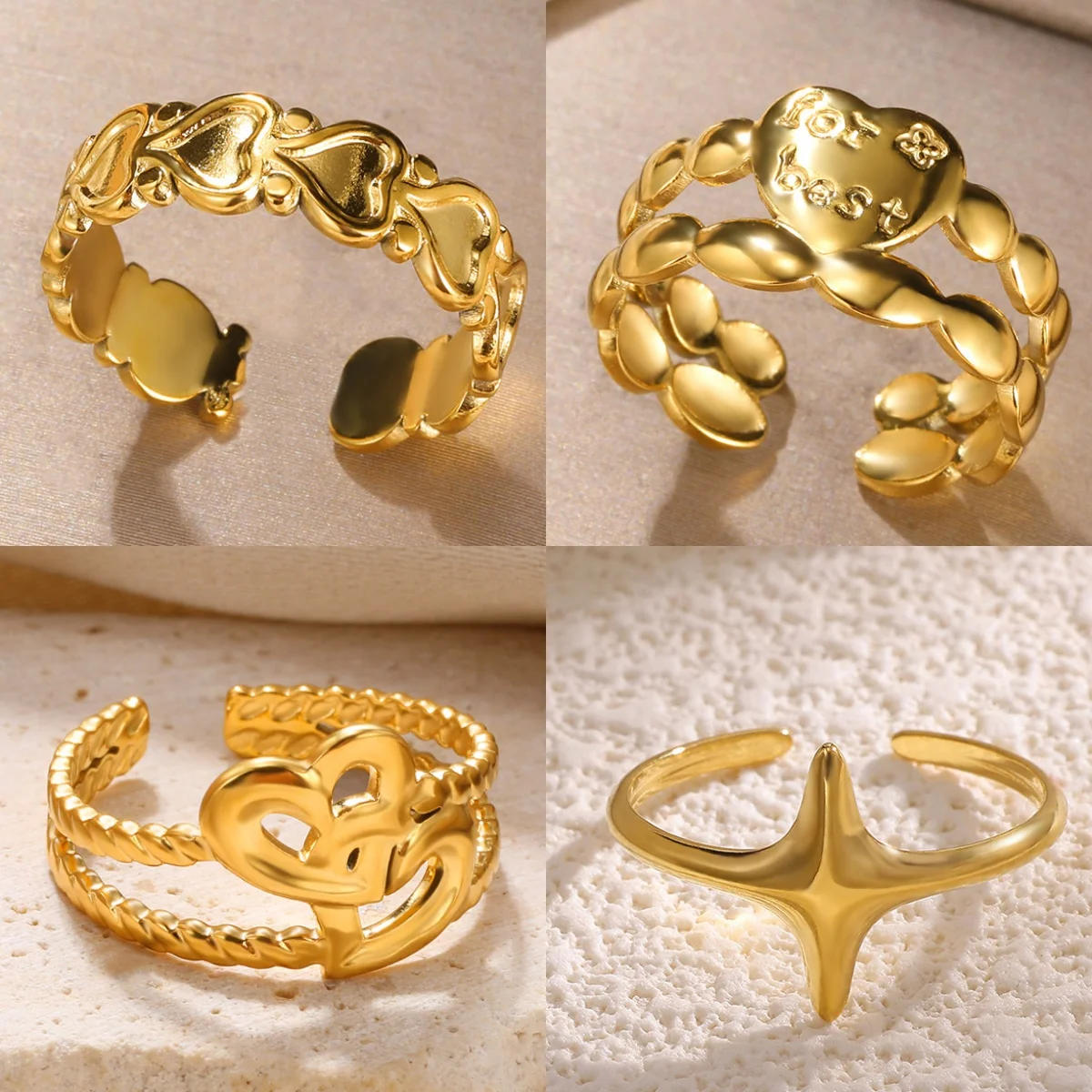 Klassischer Herzring aus Edelstahl für Damen, durchbrochen, minimalistischer Schmuck, 18 Karat vergoldeter Ring, kostenloser Versand