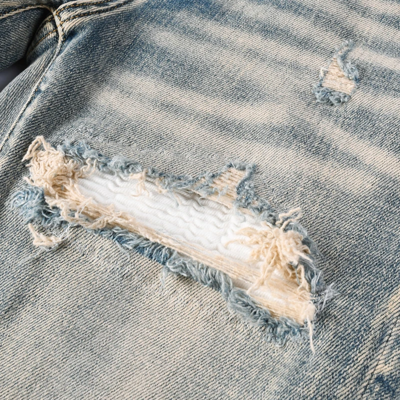 

Y2K Street Designer Fashion Men Jeans Retro Washed Stretch Slim Fit Patched Ripped Jeans Men Band Denim Pants Hip Hop Trousers