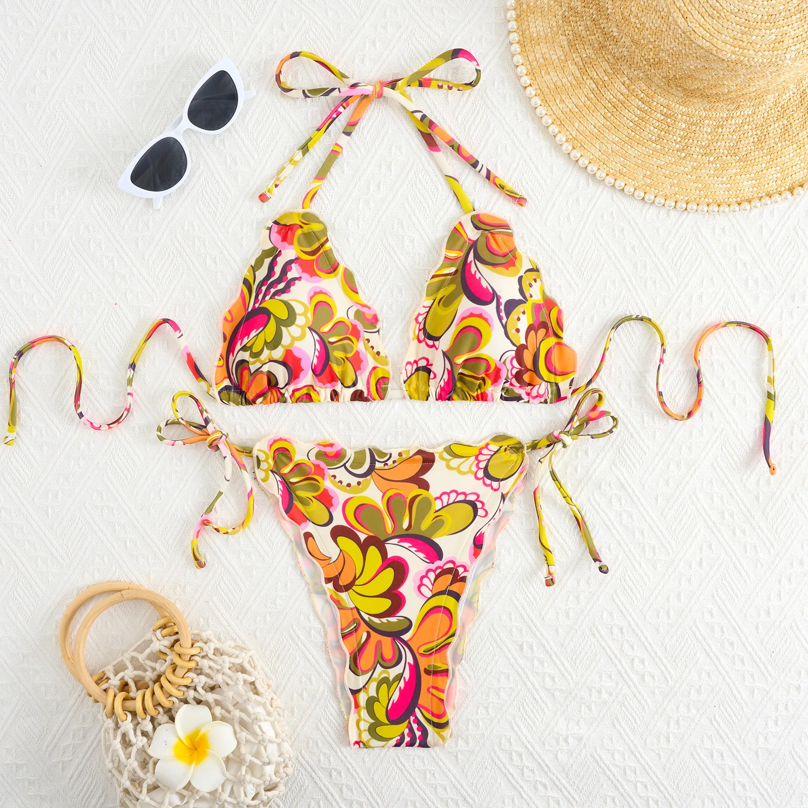 2025 Women's Floral Micro Bikini Set Sexy Drawstring Tie-Front Triangle Top & High Waist Panties Bandage Two-Piece Swimwear New