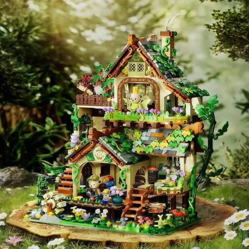 Woodland Elf Cottage Building Set, Modular Forest Home Model with Water Wheel & Floral Decor, Creative STEM Brick Kit for Home D