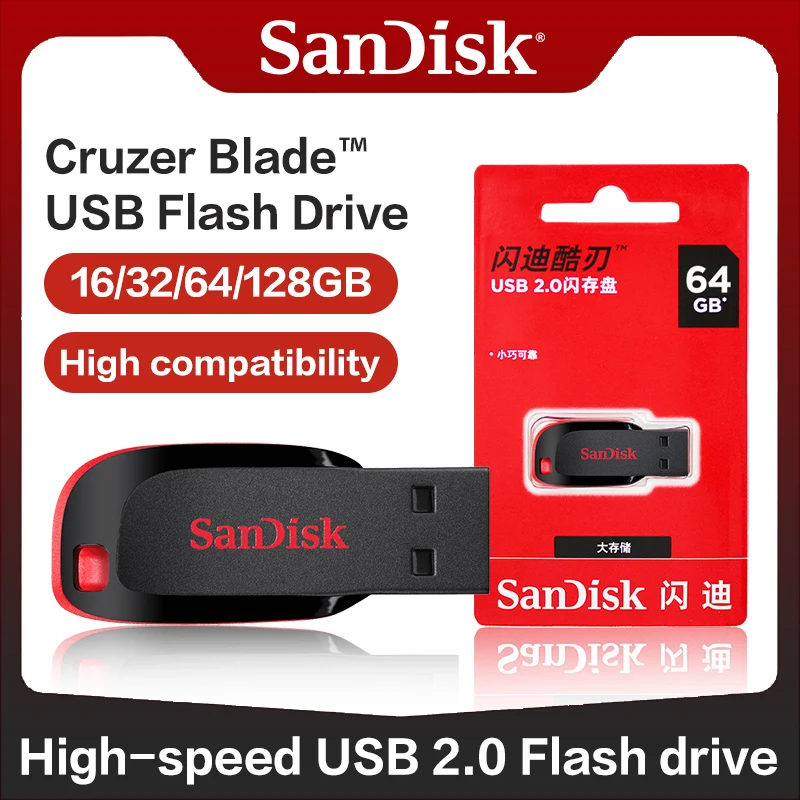 SanDisk Cruzer Blade USB-Flash-Laufwerk USB2.0-Stick Hochleistungs-16 GB 32 GB 64 GB 128 GB Memory-Stick für Computer-PC