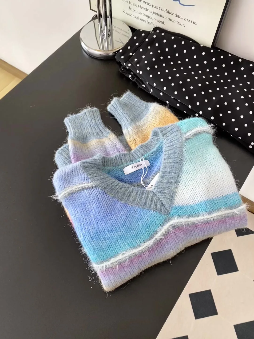 

Soft adient Rainbow Stripes Knitted Sweater Women's Faion Autumn Winter Patchwork Color Blo Comfortable Long Sve Top