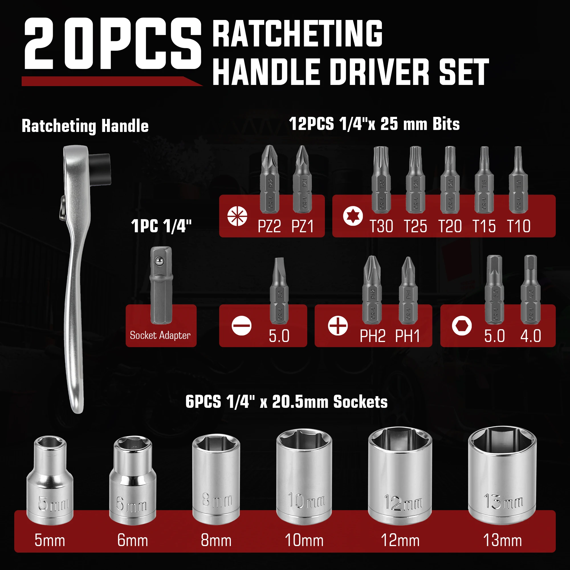 EZARC Ratchet Screwdriver Set, CR-V Magnetic Bits Socket Kit Multifunctional DIY Household Repair Tools with Red Storage Case