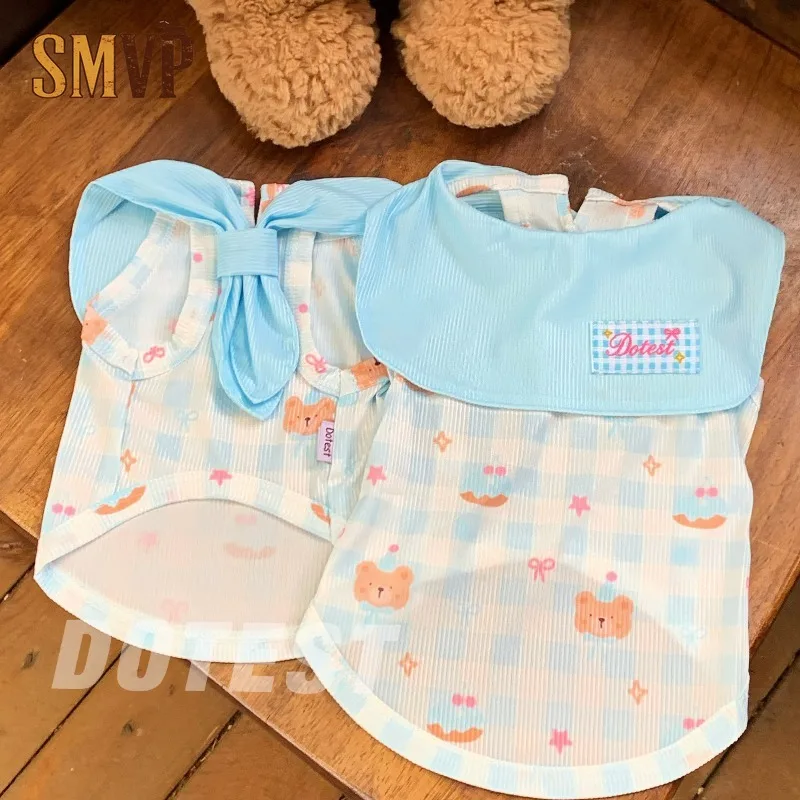 Summer Cooling Pet Sleeveless Tank Top Blue Plaid Bear Print Sailor Collar Breathable Sling Vest Outfit for Small Pets Clothes