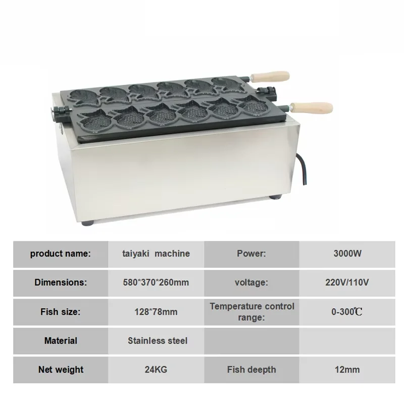 Taiyaki Waffle Maker Machine Electric Waffle Machine Fish ShapeTaiyaki Bakeware 6Pcs Taikiya Maker 3000W Non-stick Coating