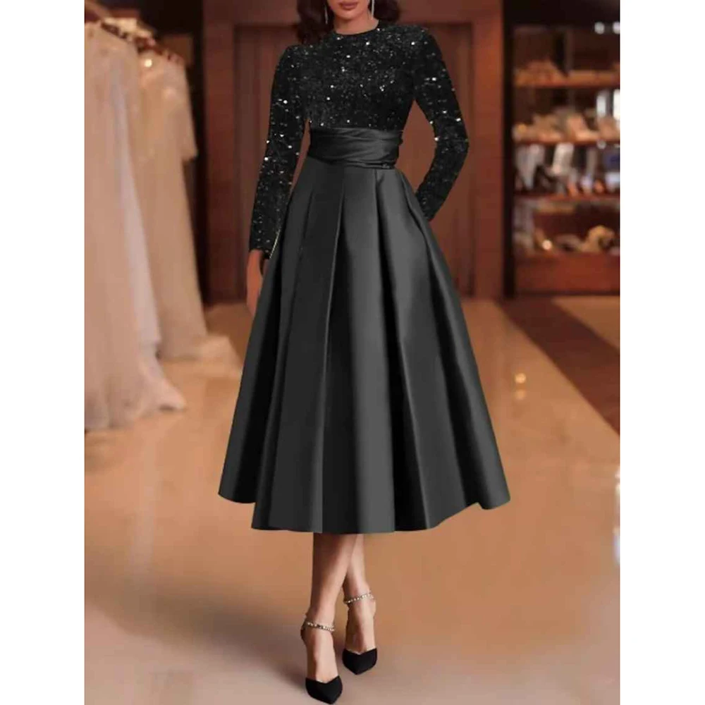 

Women's High-end Sequin DressesA-Line V Zero Long Sleeve Mid Calf Dressesfor Cocktail Party Banquet Party Birthday Vacation