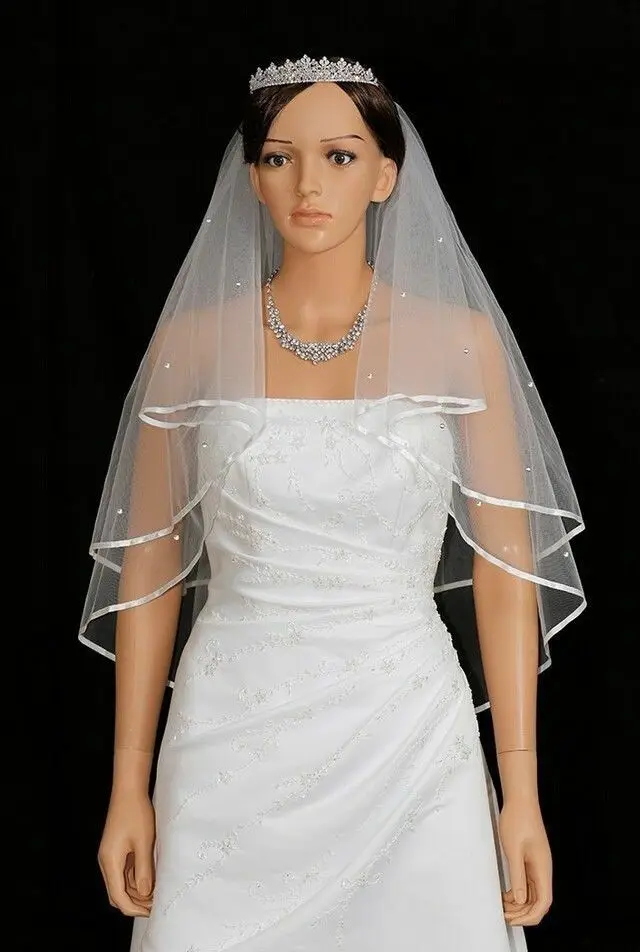 Ivory White 2t Bridal Wedding Veil DIAMANTE CRYSTALS + PEARL BEADS Comb Elbow