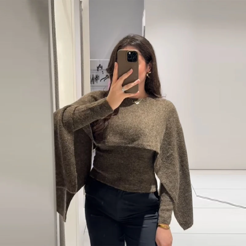 أنيقة المرأة كيب سترة الجولة الرقبة الربط الخفافيش كم بلوفر مغزول علوي الصلبة فضفاض تريكو 2025 جديد سيدة البلوزات #4