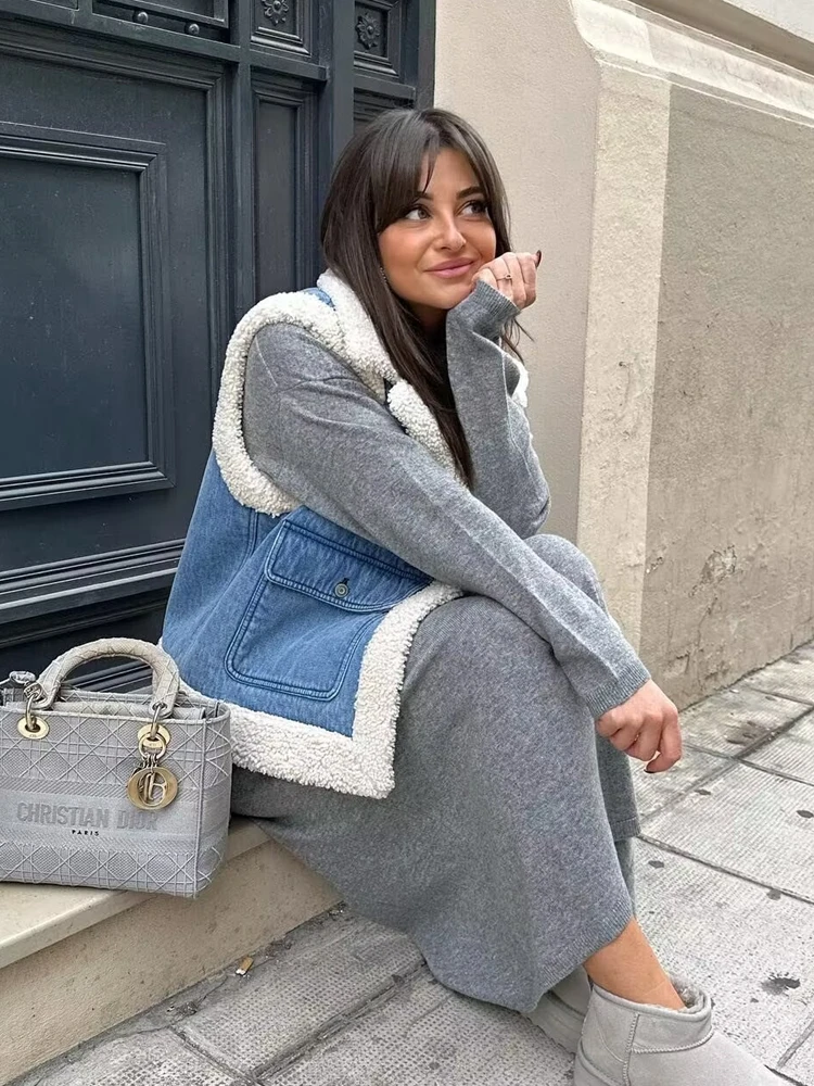 2024 RARA dames winter nieuwe street style lamswol verdikte denim dubbelzijdig vest vest modieus en veelzijdig