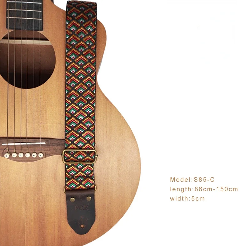 New Ethnic Style Jacquard Leather Guitar Strap for Folk Guitar Electric Guitar Acoustic Guitar Ukulele Bass Guitar Accessories