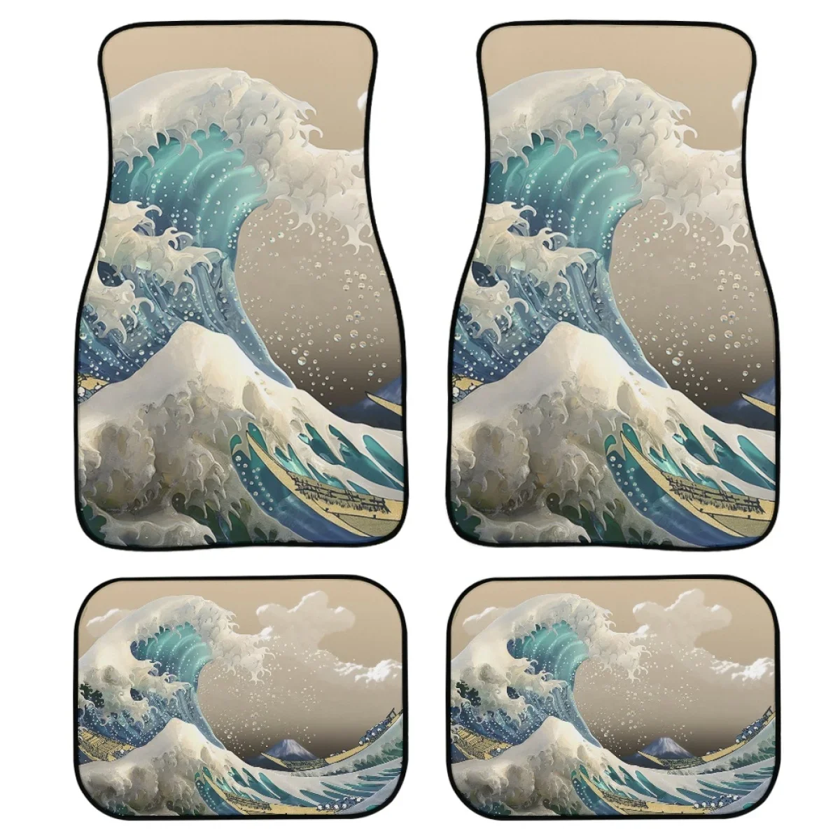 Japan Giant Wave Design Print Front and Back Car Floor Mats Heavy Carpet Vehicles Sedan Full Set of 4PCs Pack Easy to Install