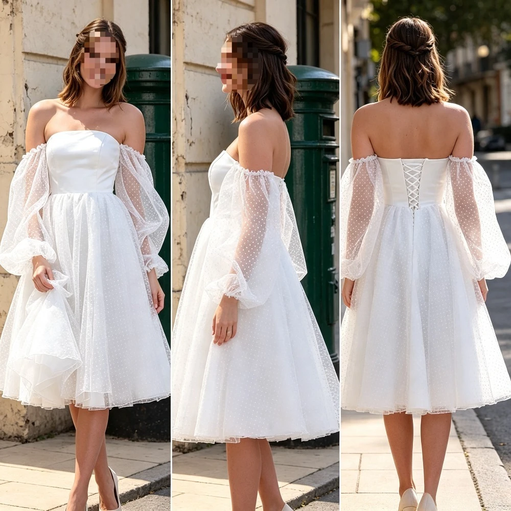 Customized Elegant Chiffon Off Shoulder Solid Color Strapless Mini Wedding Dresses 2026 New Backless Balloon Sleeves Bridal Gown