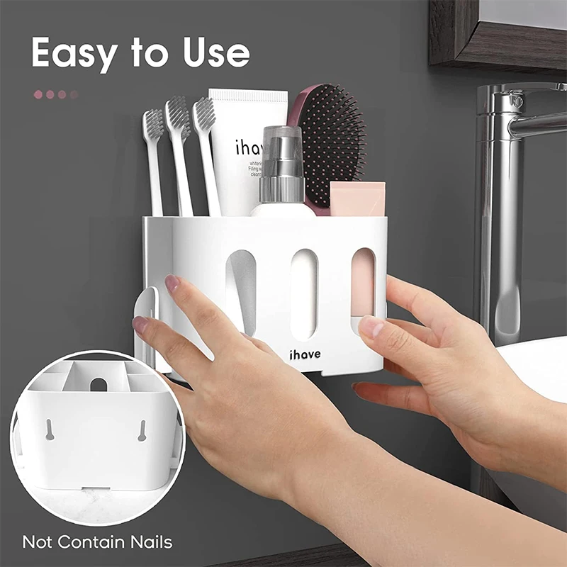 New Bathroom Toothbrush Holder, Electric Toothbrush Holder, Wall Mounted with 5 Slots and 2 White Hanging Holes Housewares