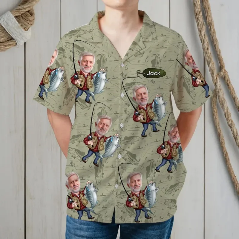 

Personalized Photo Fishing Man Hawaiian Shirt Custom Your Photo Aloha Shirt For Dad Grandpa Funny Fisherman Gift Beach Shirt