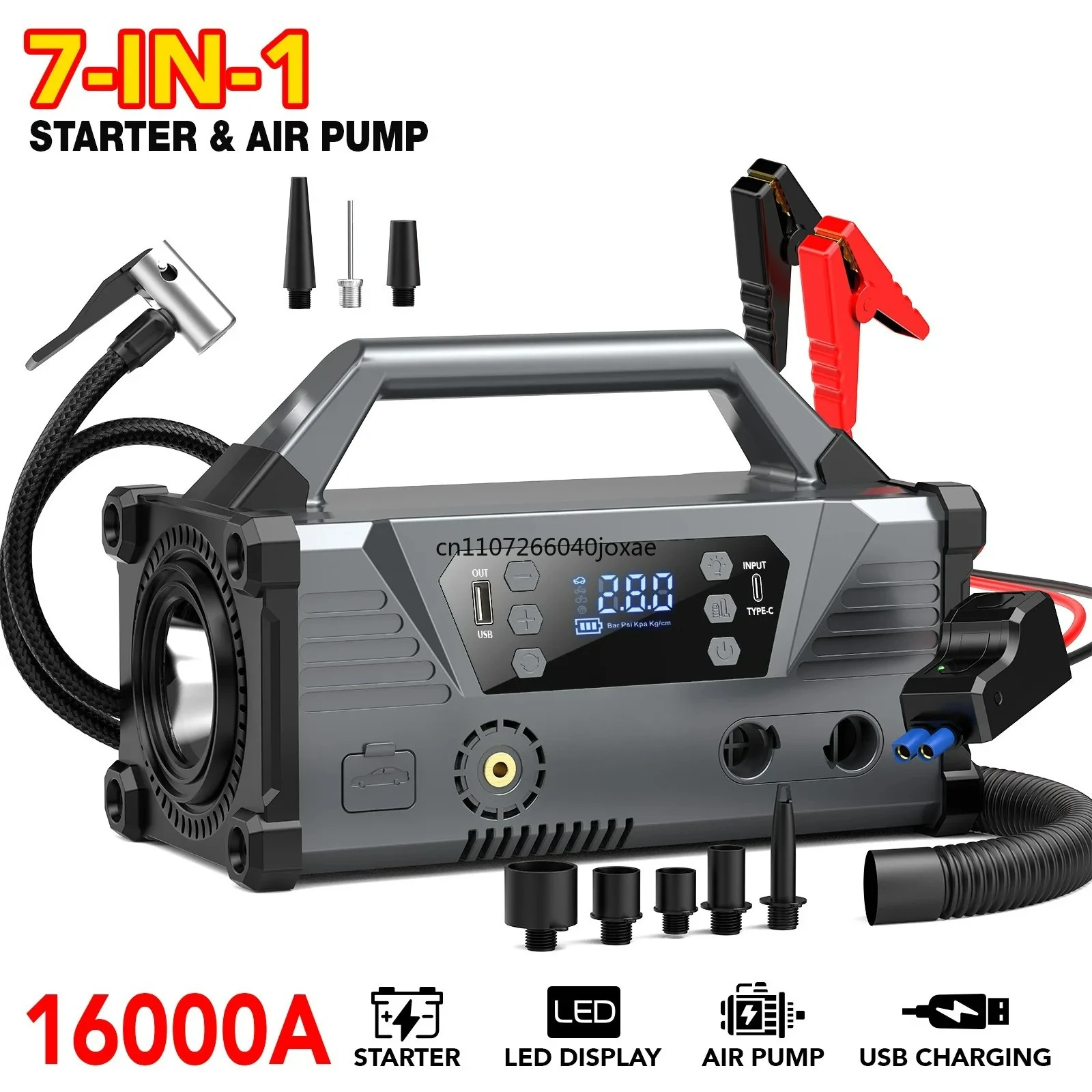 7IN1 Car Jump Starter Power Bank Portable 10000mAh High Capacity Power Bank With Vacuum Cleaner&Lights&Pressure Gauge