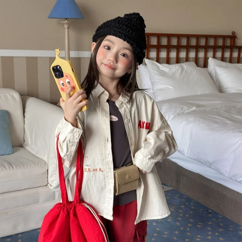 

Spring New Boys Girls Fashion Casual Shirts 2026 Children Clothing Loose Versatile Embroidered Shirts Graffiti Design Sense Tops