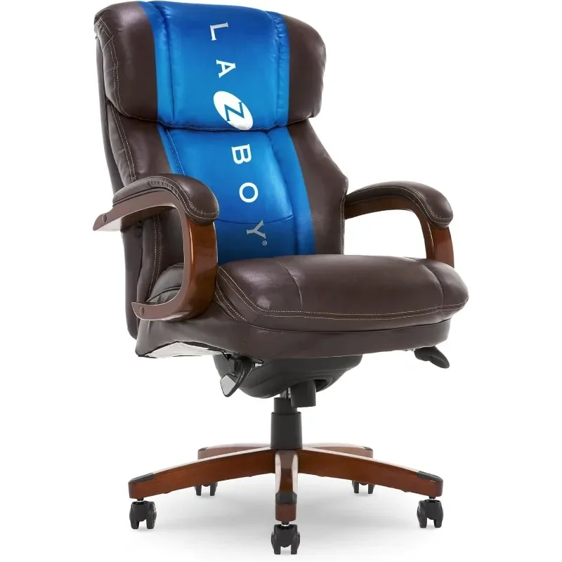 Large tall executive office chair with memory foam seat, high back, solid wood armrests and base