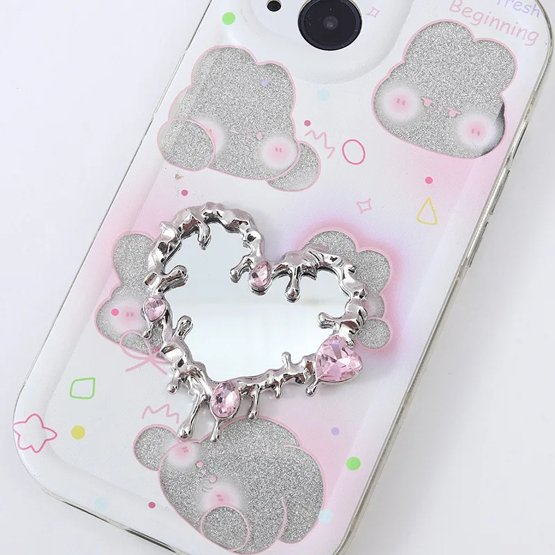 1 pz Custodia per telefono con specchio Y2K in metallo liquido Accessorio fai da te Specchio a forma di farfalla a forma di cuore irregolare con gocce fluide Artigianato di design