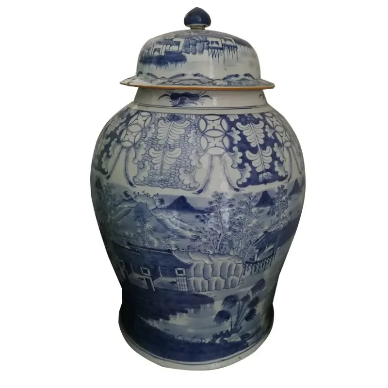 Chinese antique real old blue and white Qing Dynasty ceramic pot, floor-to-ceiling vase, ceramic vase blue