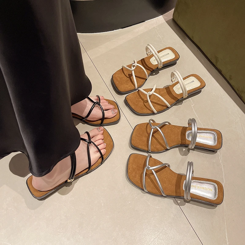 Moda de verano, zapatillas con punta abierta y punta cuadrada para mujer, Sandalias elegantes de tacón alto con correa estrecha, sandalias para mujer para vacaciones en la playa al aire libre