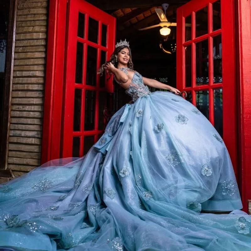 

Customized Shiny blue Quinceanera Dresses Off the Shoulder Tull sequin applique flower Big Bow Lace Vestido De 15 Quinceanera