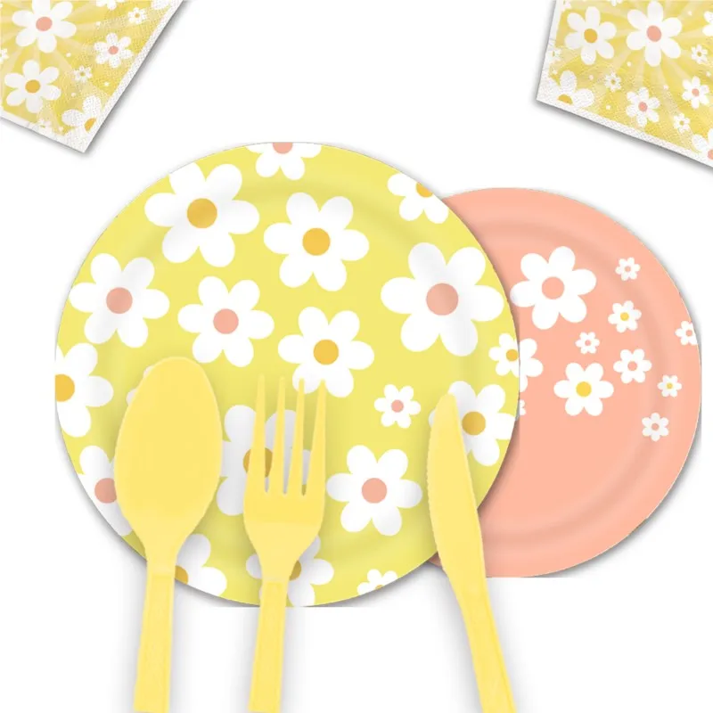 Small Daisies Children\'s Birthday Party Disposable Tableware Set Tablecloth Paper Cups Cupcakes Decorated Baby Bath Products