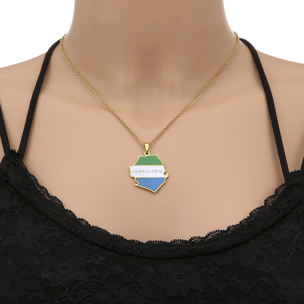 Sierra Leone Map Flag Pendant Necklace Stainless Steel For Women Girls Gold Silver Color Charm Fashion Sierra Leonean Jewelry