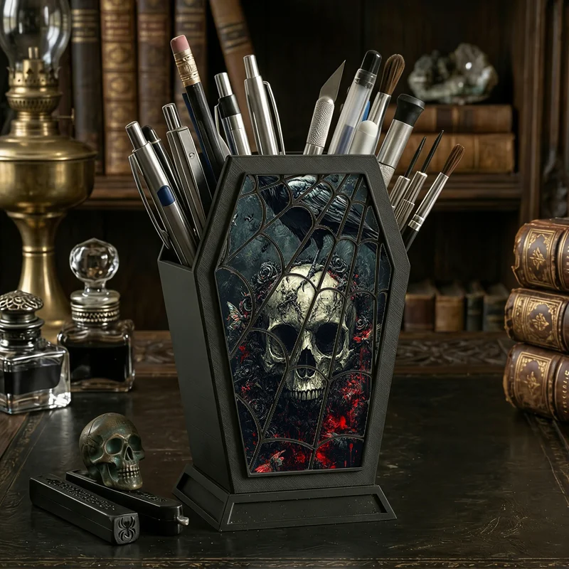 Gothic Skull Crow Pen Holder Spider Web Pattern Pencil Cup Spooky Desktop Stationery Organizer Halloween Home Office Desk Decor