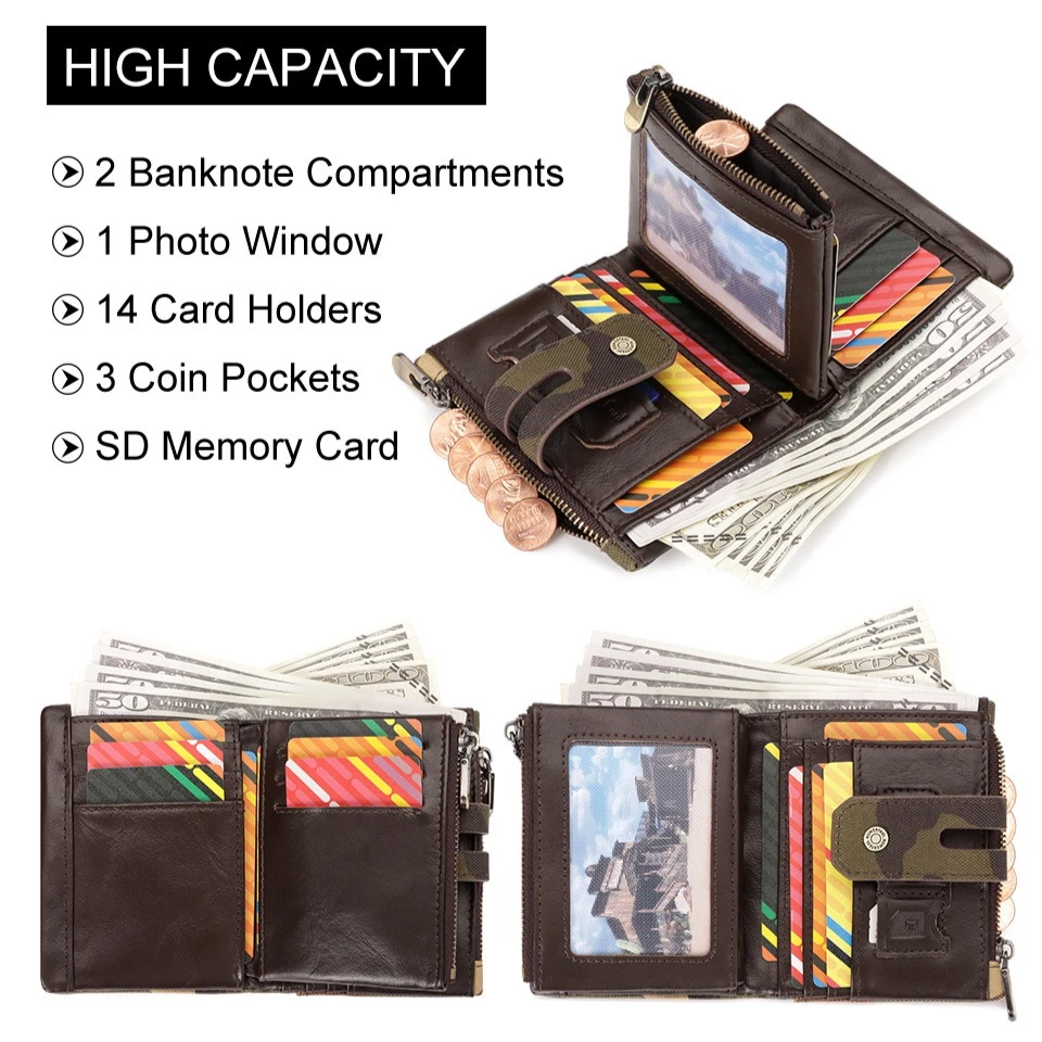 Genuine Leather Short Wallet RFID Blocking Top Layer Cowhide Multi Card Zipper Coin Purse 3 Fold Organizer