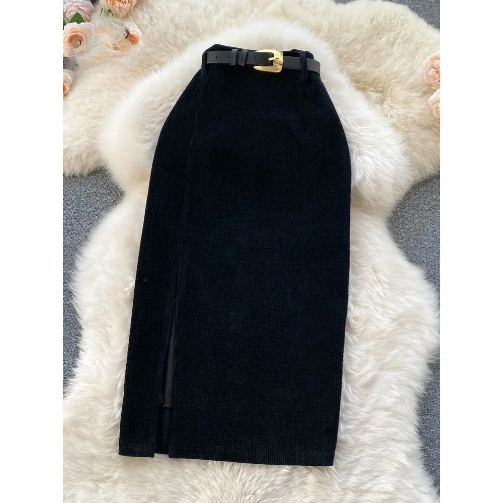 المرأة الكورية سبليت مثير تنورة طويلة 2025 الشتاء سروال قصير سليم سميكة الشارع الشهير موضة خمر الخريف Bodycon تنورة خمر