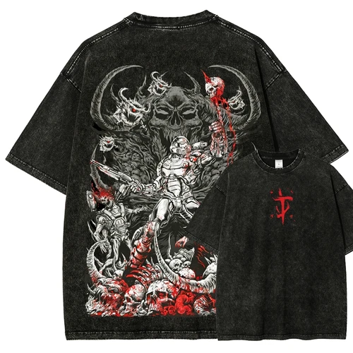 Imagen 2 del producto Camiseta lavada Doom Anime Lover, ropa para todo el año, ropa de personalidad de nuevo modelo, talla grande, unisex, producto suave de alta calidad