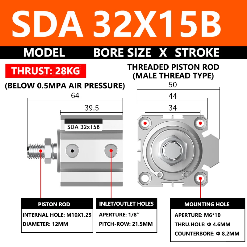 ABILKEEN SDA32X15B SDA Series Thin Air Cylinder 32MM Male Thread Bore X 15MM Stroke Double Acting Pneumatic Compact Cylinder